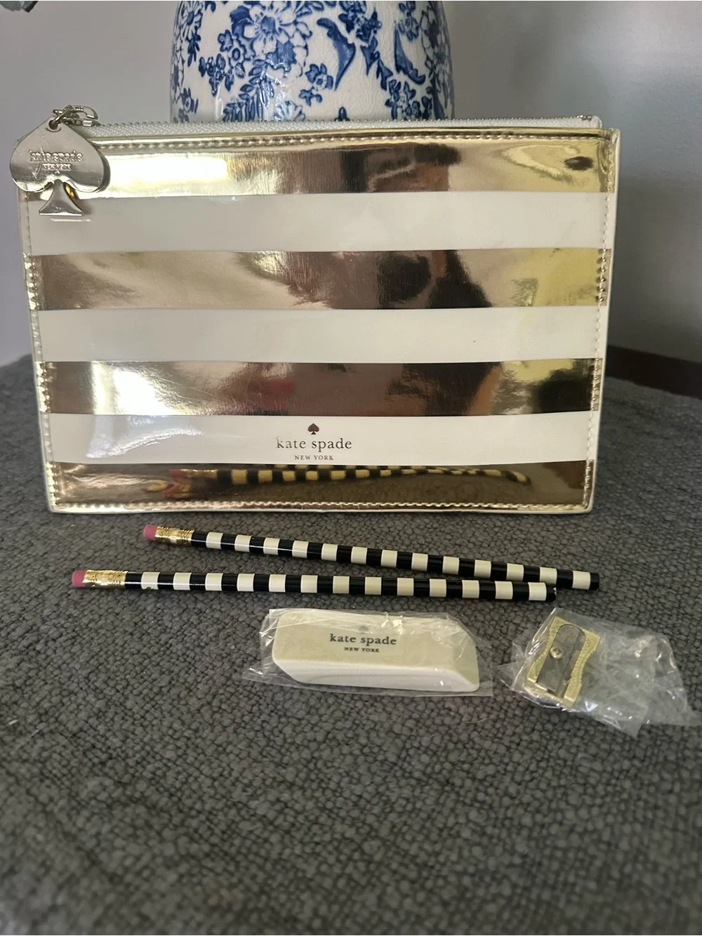 Kate Spade ♠️ Gold & White Stripe Zip Pouch Pencil Case